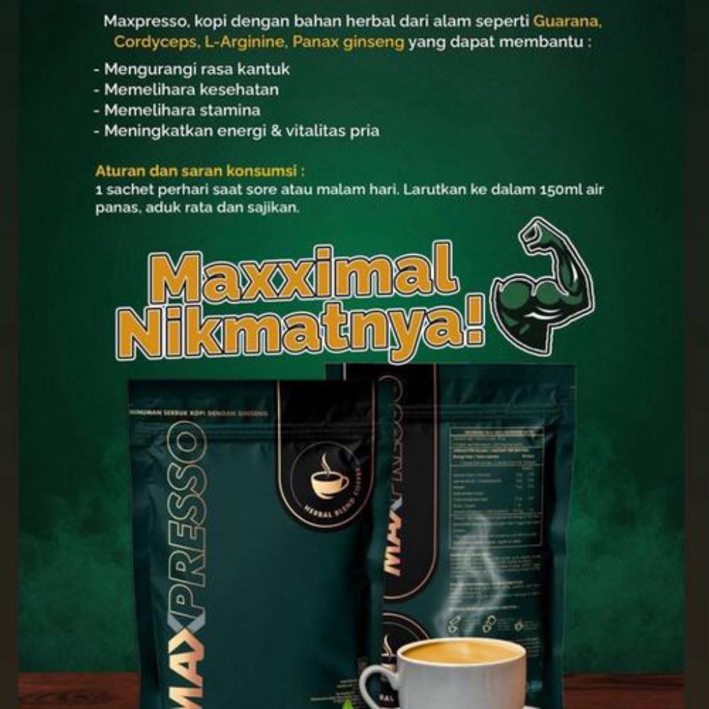 

kopi maxpresso hwi original penambah stamaina kuat pria asli tahan lama isi 5 sachet