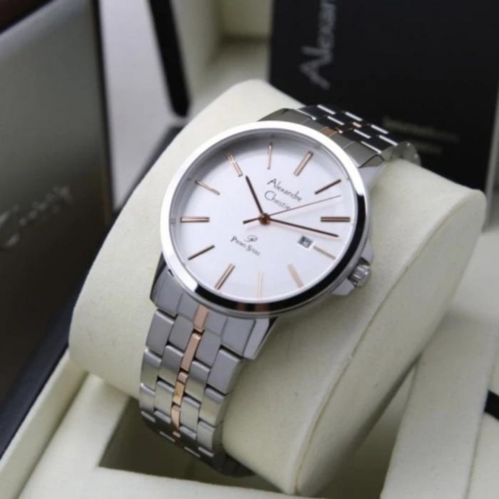 JAM TANGAN PRIA ORIGINAL ALEXANDRE CHRISTIE AC1036MD SILVER LIST ROSEGOLD STAINLESS STEEL