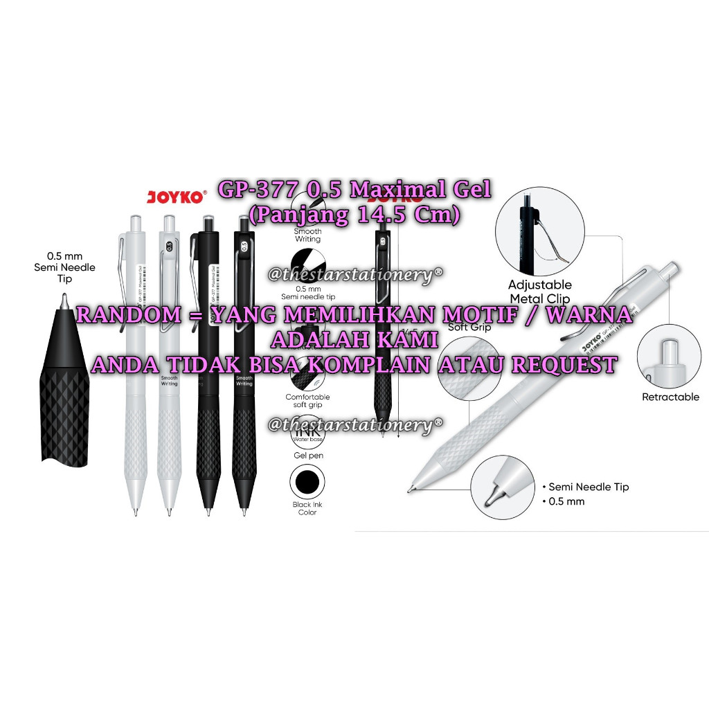 

(1 Biji) GROSIR Gelpen Joyko GP-377 0.5 mm Hitam / Gel Pen Pulpen Pena Joyko GP-377 0.5 mm (1 Biji)