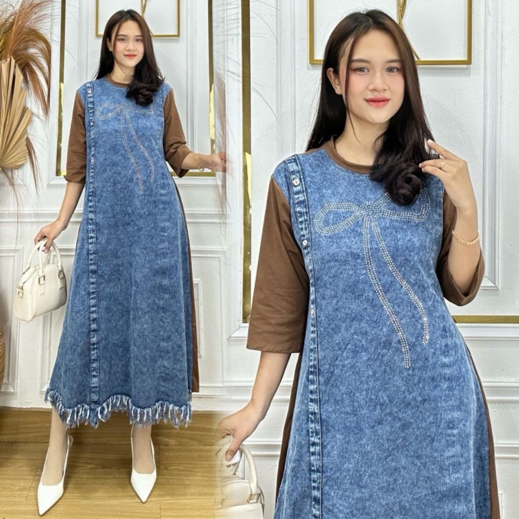 MIDI DRESS RAWIS COTTON MIX JEANS WASH (MOTIF PITA) MODEL FULL KANCING MIRING DRESS WANITA