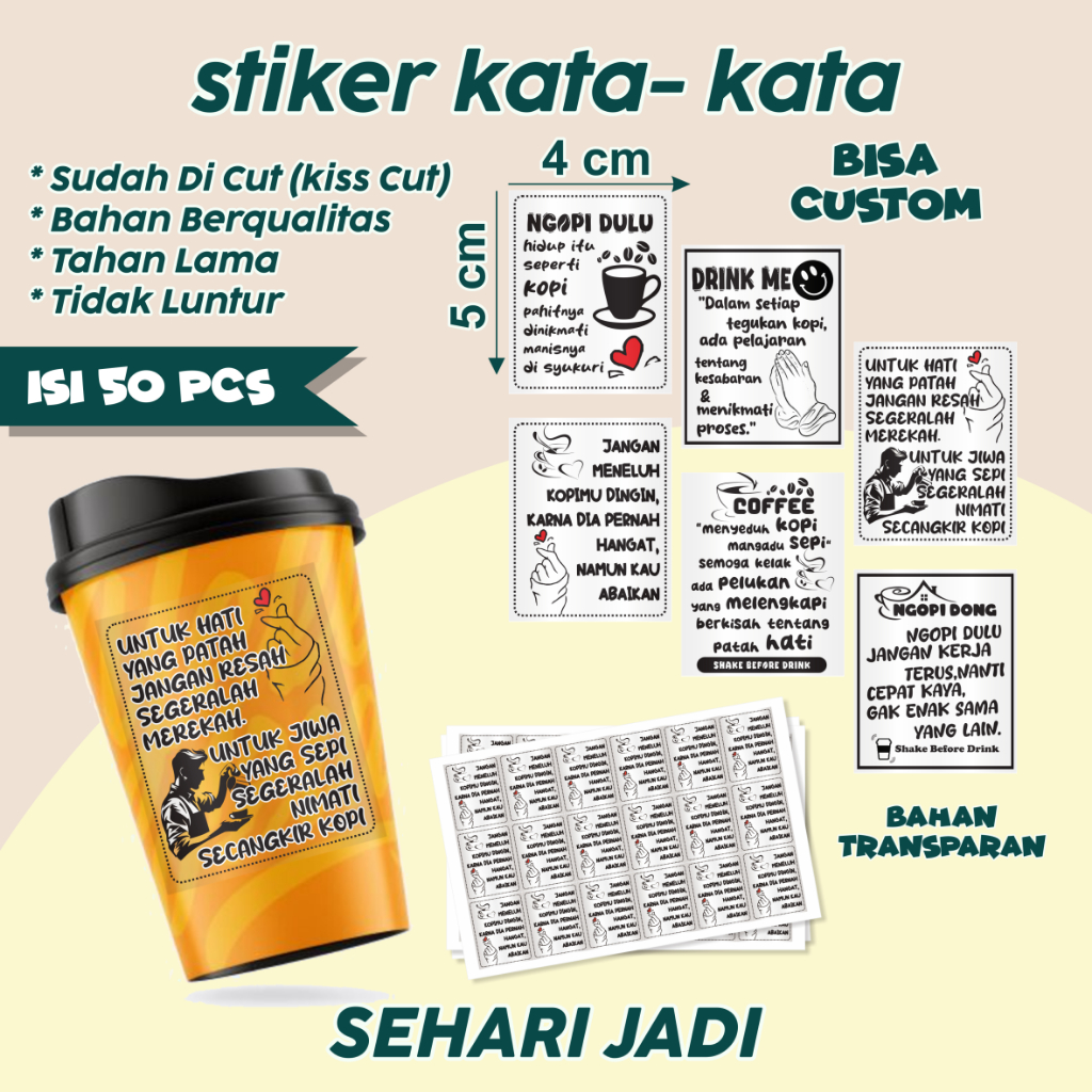 

Stiker Label Minuman Quotes Transparan – 50 pcs Siap Tempel