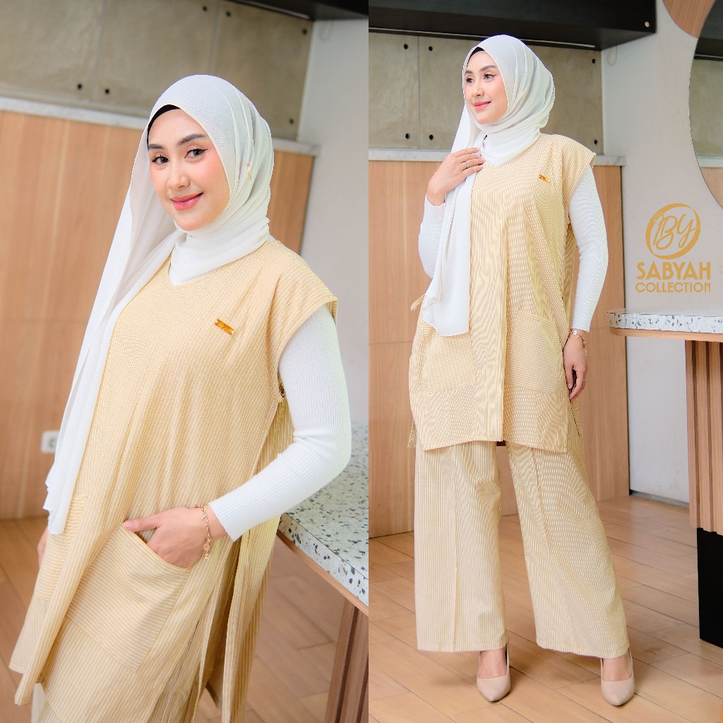 Sabyah Collection_One Set Vest Kulot Setelan Wanita Motif Stripe Katun Warna Light Mustard Terkini