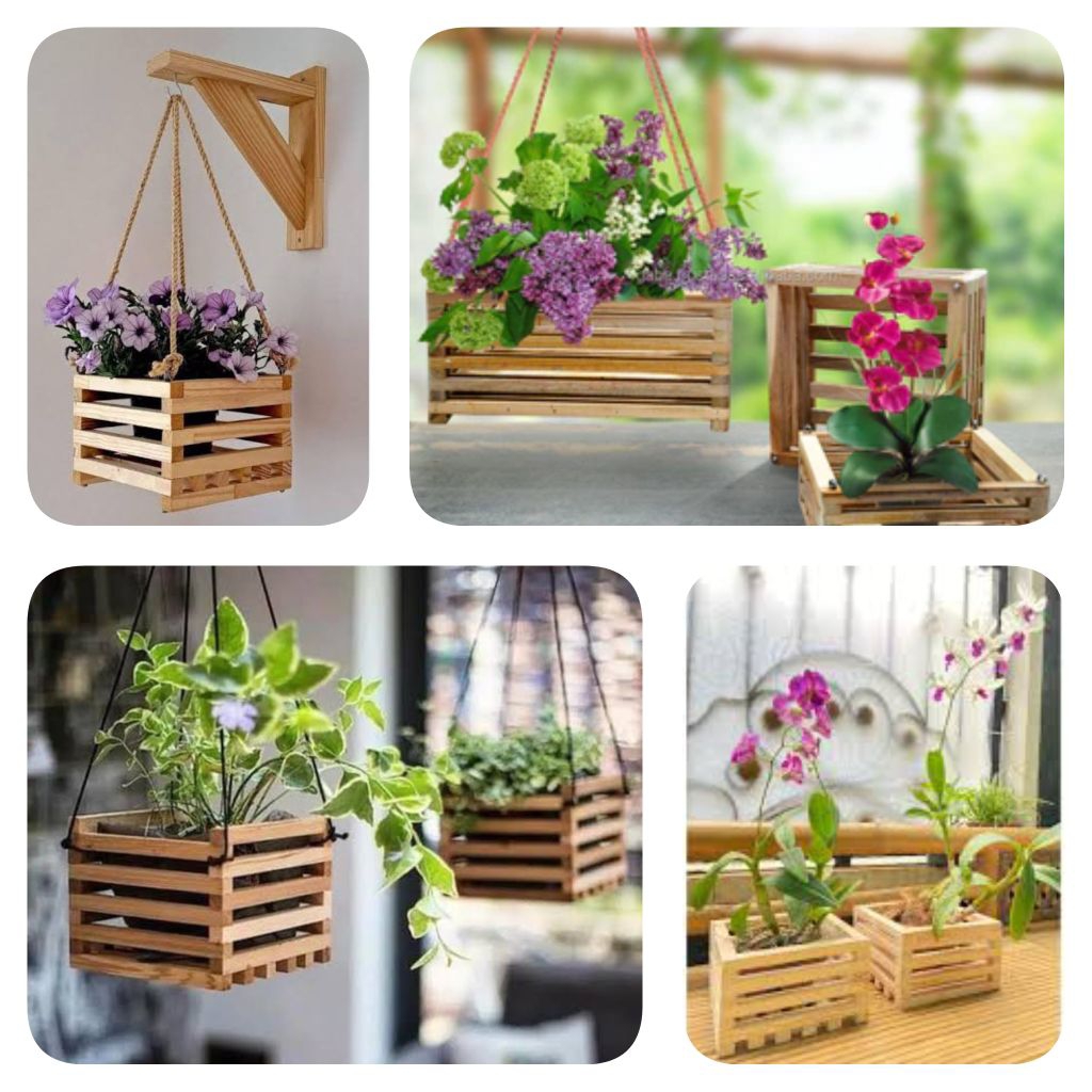 Aneka pot gantung bunga hias tempurung batok kayu bambu rotan