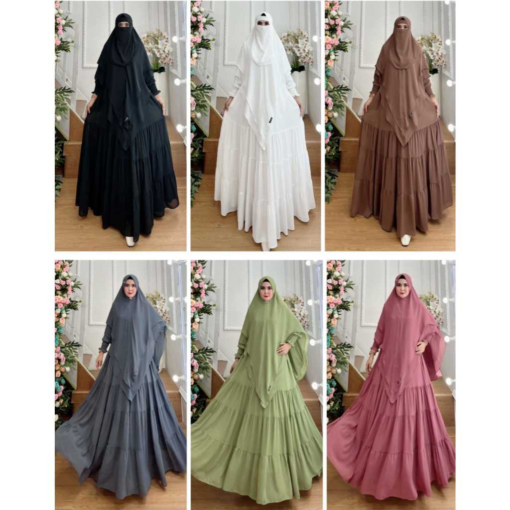 Gamis Jubah Set Hiijab Runcing Dua Layer Kepala Soft Pet Antem Jumbo Syar'i Kode DANIA Bahan Ceruti 