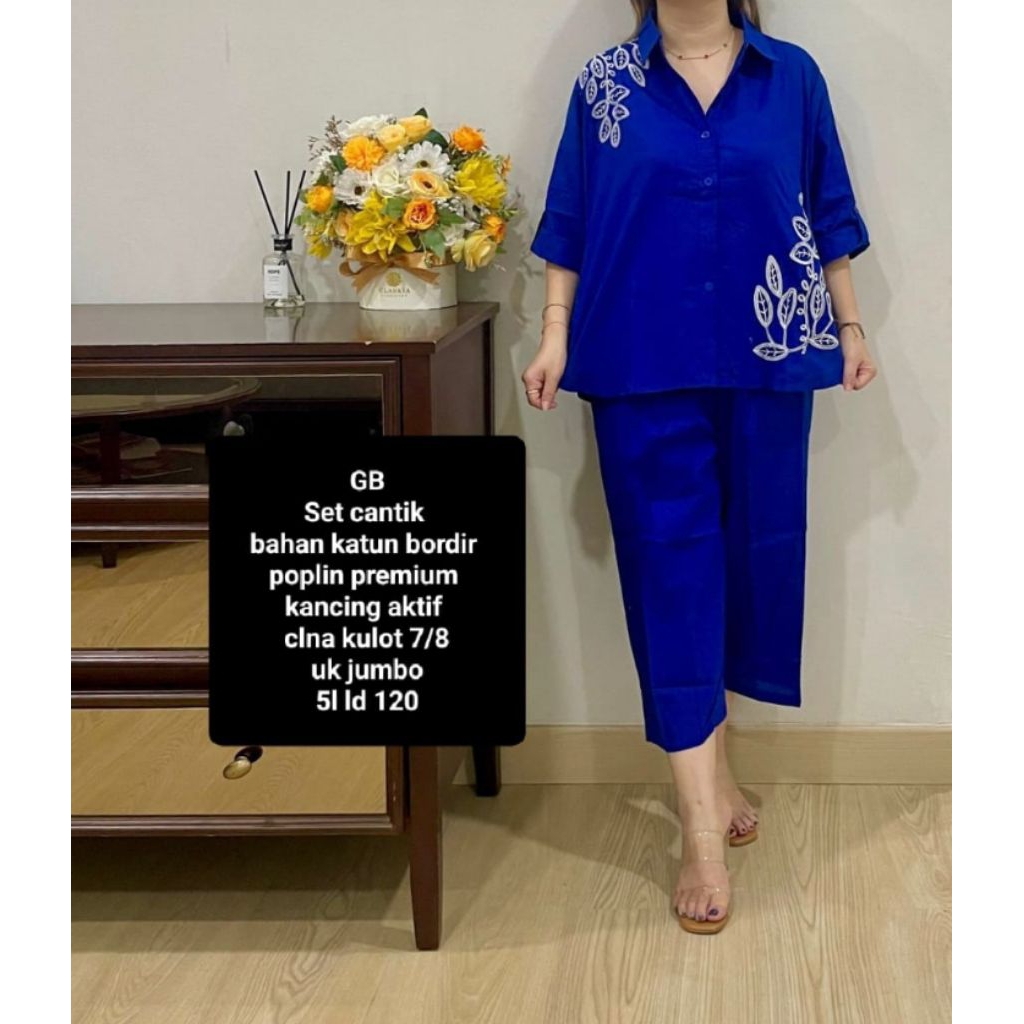 set stelan cantik bahan katun bordir poplin premium celana kulot 7/8 ukuran 5L Ld 120 jumbo