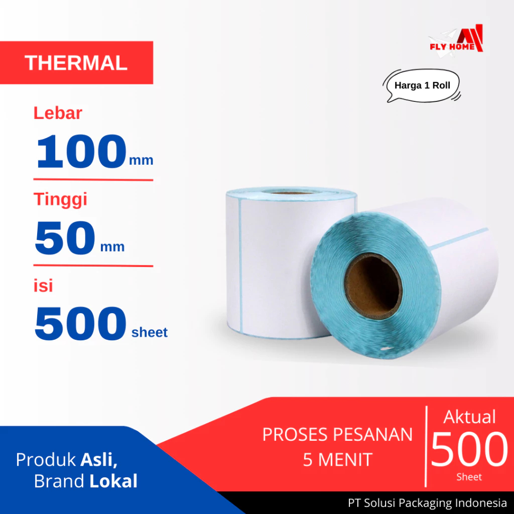 

Kertas Label Thermal Sticker Ukuran 100 x 150 mm A6 Isi 500 Pcs Merek MPI / FLY HOME Model Roll
