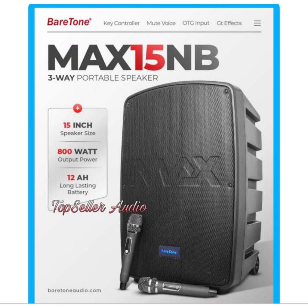 BARETONE PORTABEL SPEAKER 800 WATT MAX15NB