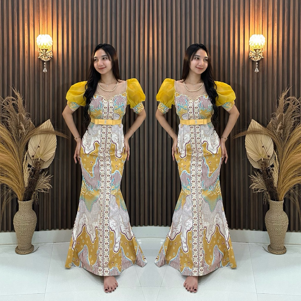 REVALINA-0024 || (Banyak Motif) Duyung Batik Street Lengan Balon Organza Gaun Kondangan Panjang Wani