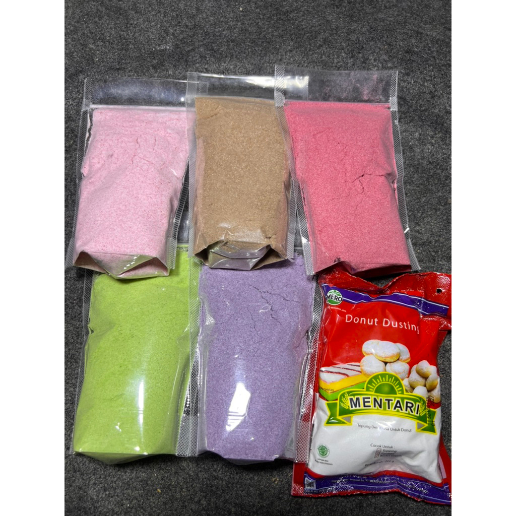

Gula dusting warna-warni, Gula donat, Gula halus, rasa coklat, strawbery, taro, matcha, redvelved dan original