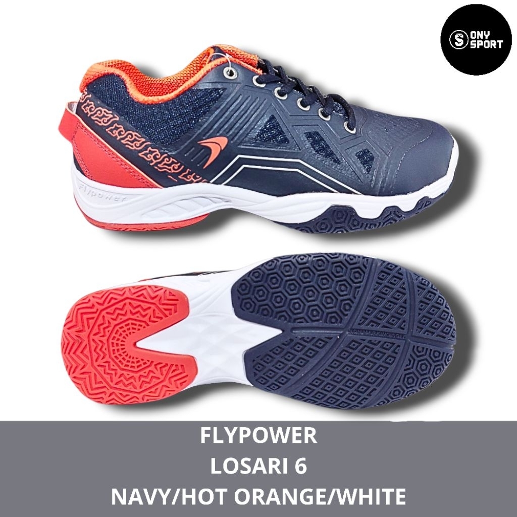 SEPATU BADMINTON FLYPOWER LOSARI 6 NAVY HOT ORANGE WHITE 100% ORI