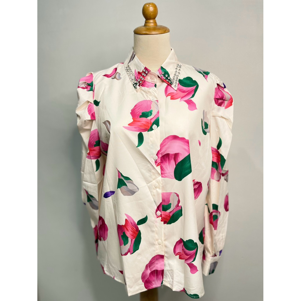 Atasan Kemeja Puff Print Korea Lengan Panjang Motif Bunga / Kemeja Wanita Remaja dan Dewasa / Kemeja