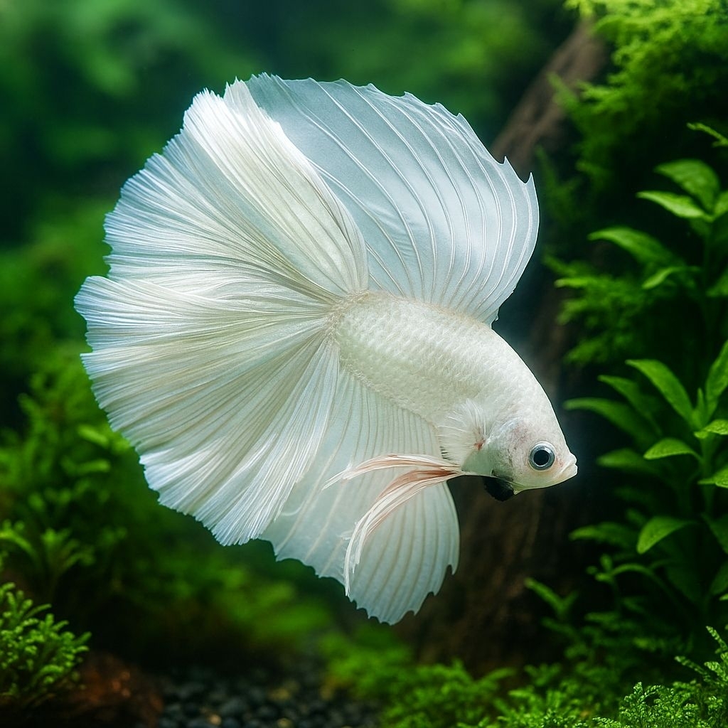 Cupang Halfmoon Double-Tail White Platinum Male Size M-L Hiasan Aquarium