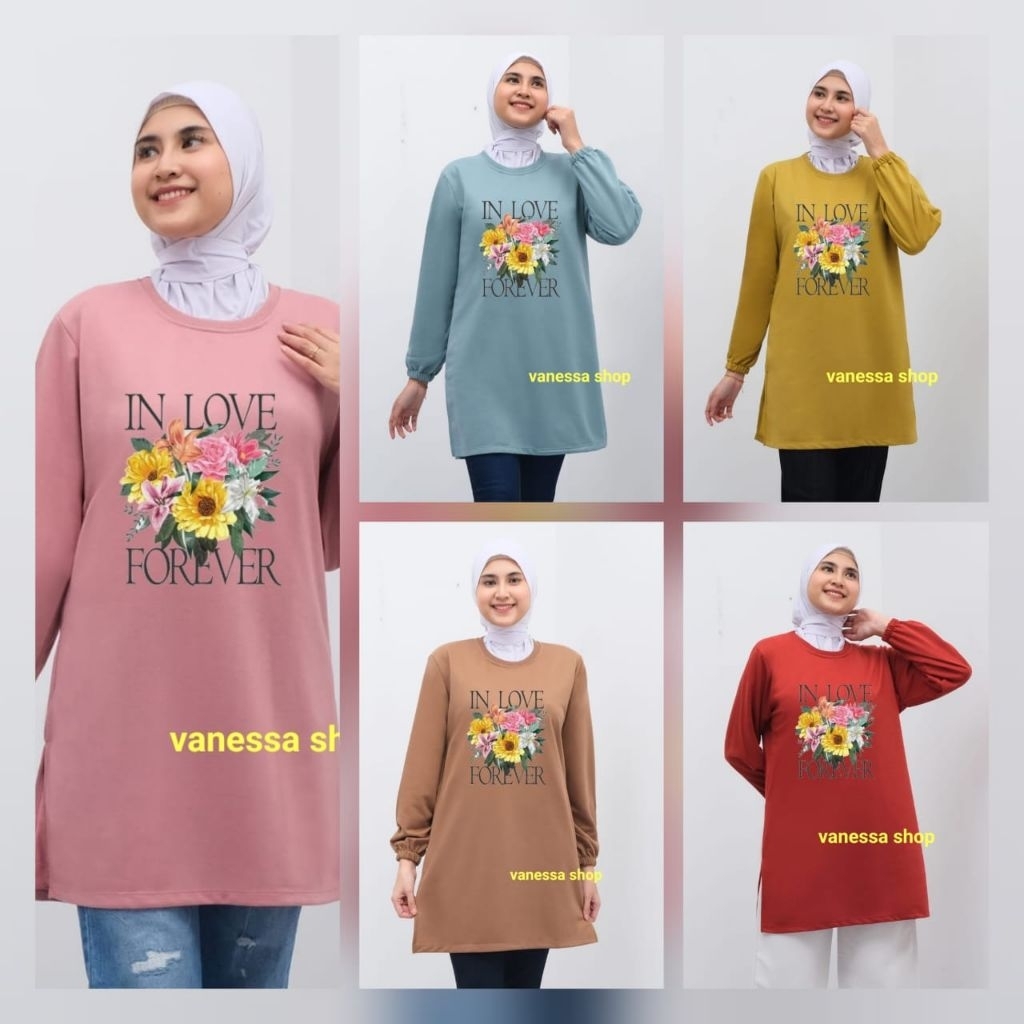 Kaos tunik dewasa lengan panjang karet motif In Love Forever baju tunik dewasa lengan panjang karet