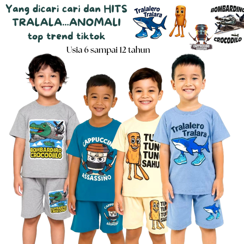 Baju Setelan Anak Laki laki yg dicari cari dan HITS TRALALA...ANOMALI top trend tiktok Motif Karakte