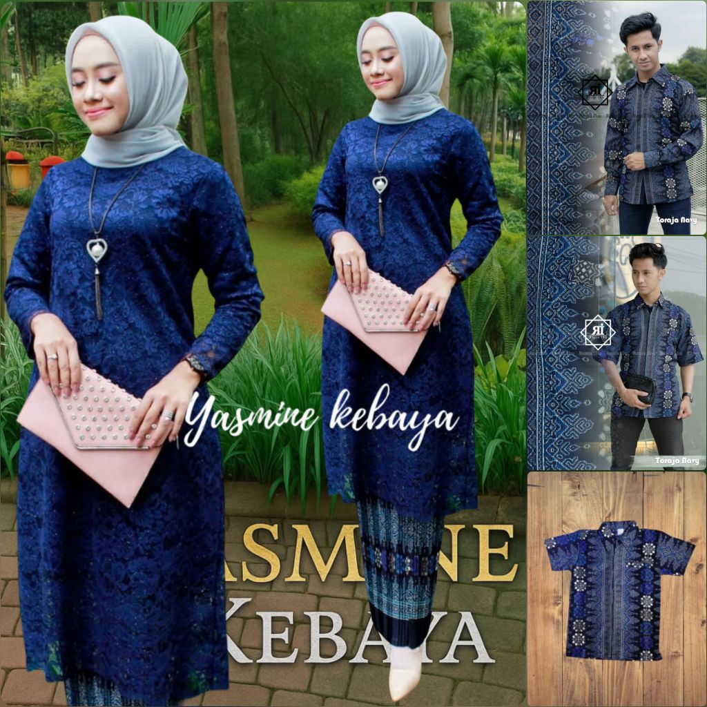 Couple Kebaya Tunik Brukat Set Kemeja Batik Pria Motif Toraja Navy / Couple Kebaya Sarimbit Keluarga