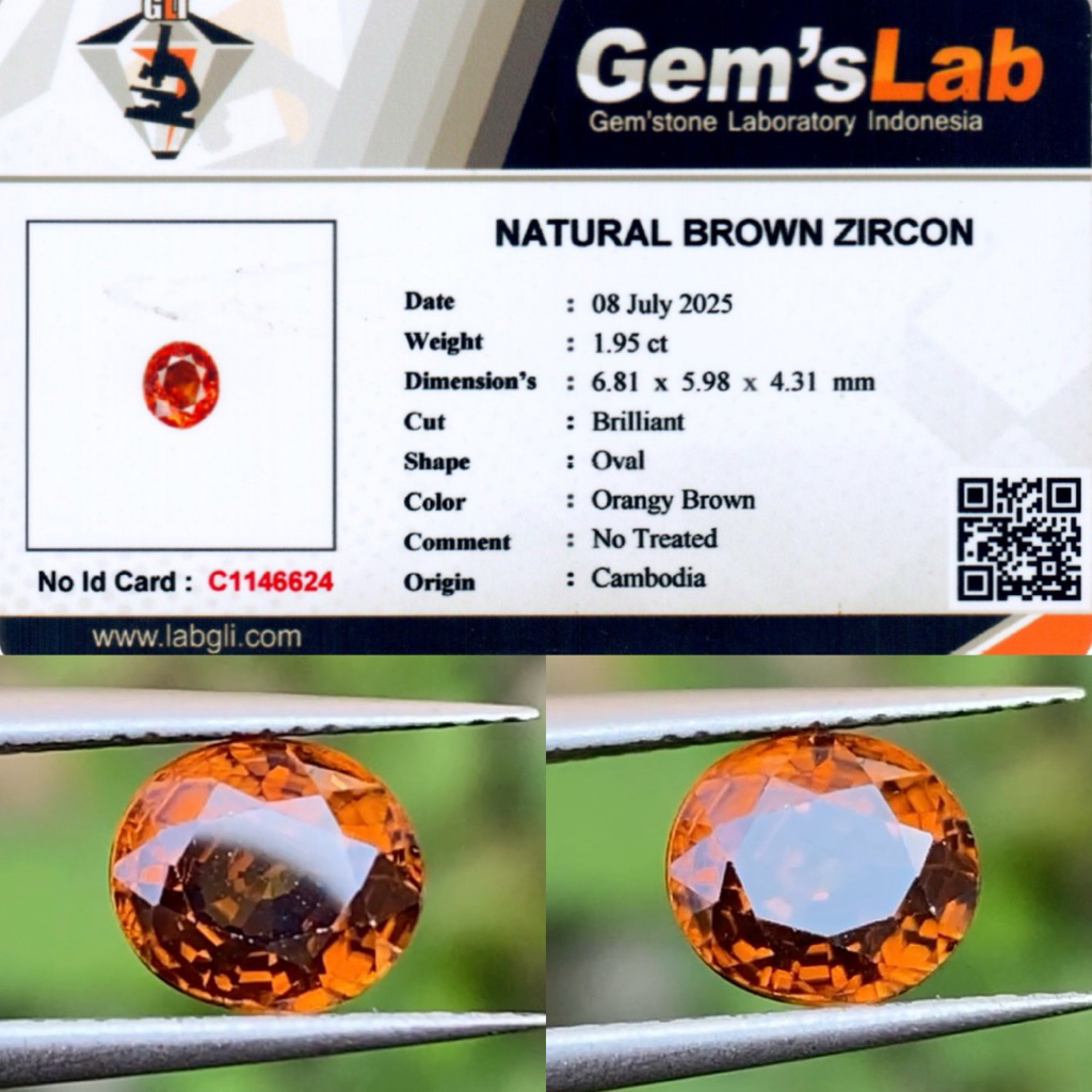 1,95 cts Natural Brown Zircon origin Cambodia No Treatment Memo GLI