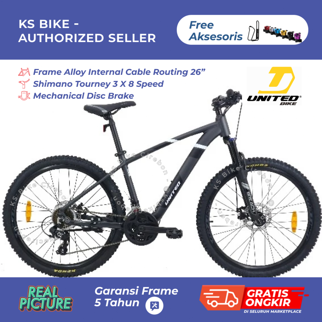 Sepeda Gunung MTB 26 United Monanza 21 Speed Rem Cakram Shifter Shimano Frame Hi-Ten Steel Dewasa To