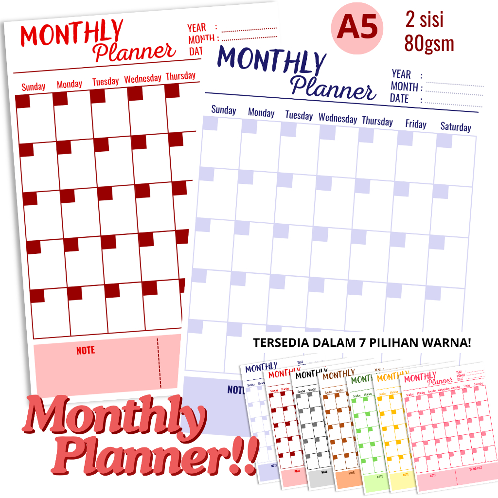 

(Papelrosie) Loose Leaf Planner A5 | Refill Isi Binder Monthly Planner isi 20 Lembar Bolak-Balik | Hvs 80gsm