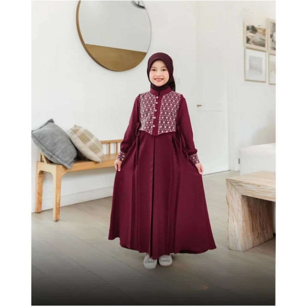 Shabira Kids Dress Anak Muslimah Ceruty Babydoll Mix Brukat Gaun Anak Elegan Usia 8–13 Tahun Lebaran