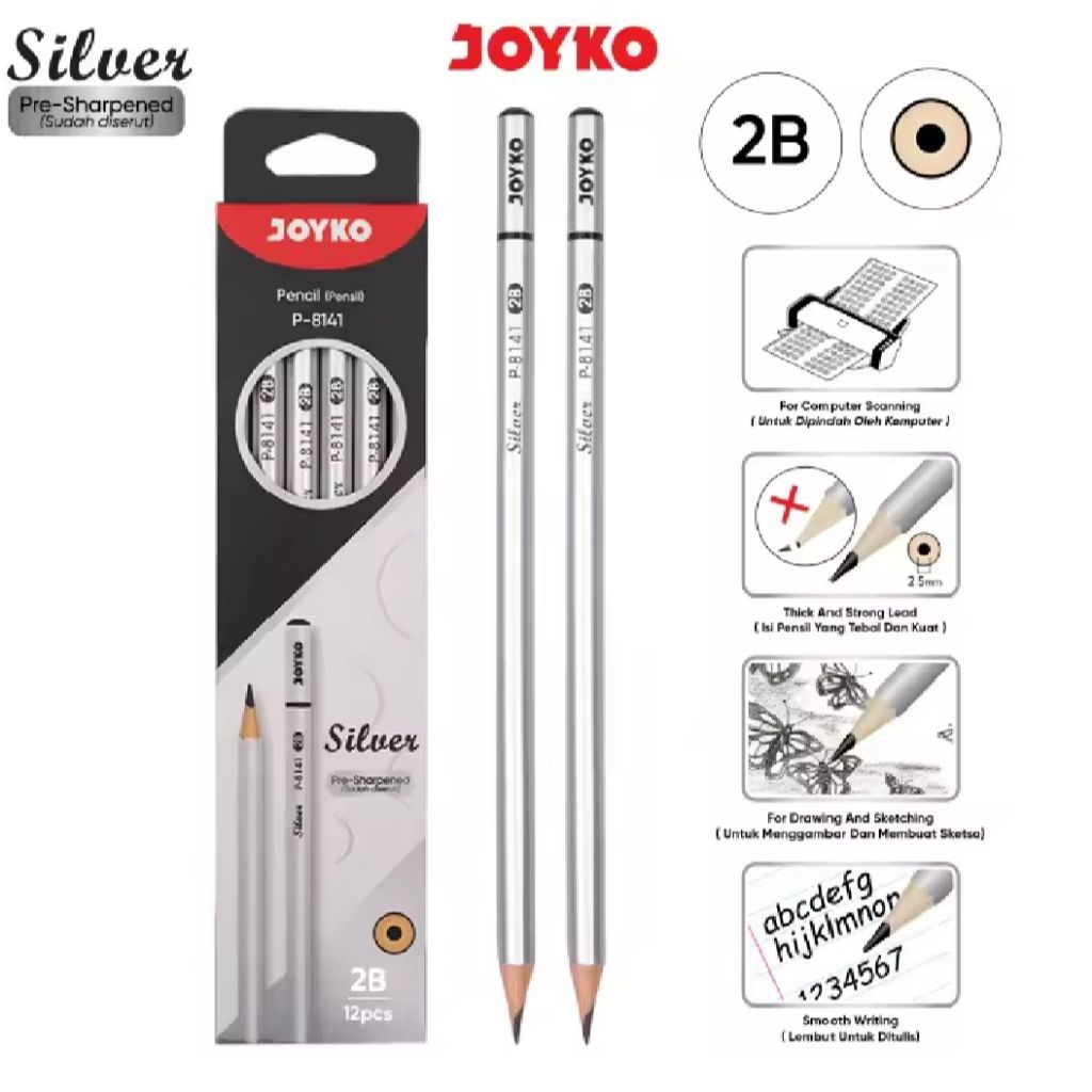 

1 Pak Pensil 2B Joyko Isi 12 Pcs WARNA SILVER