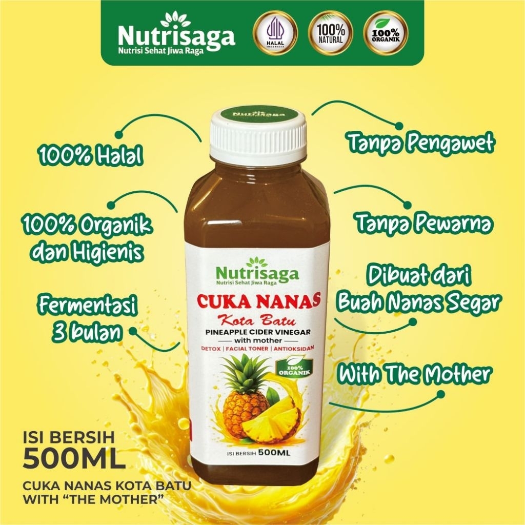 

Nutrisaga Cuka Nanas Kota Batu 500 ML with mother / PineApple Cider Vinegar with mother 100% Halal Organik