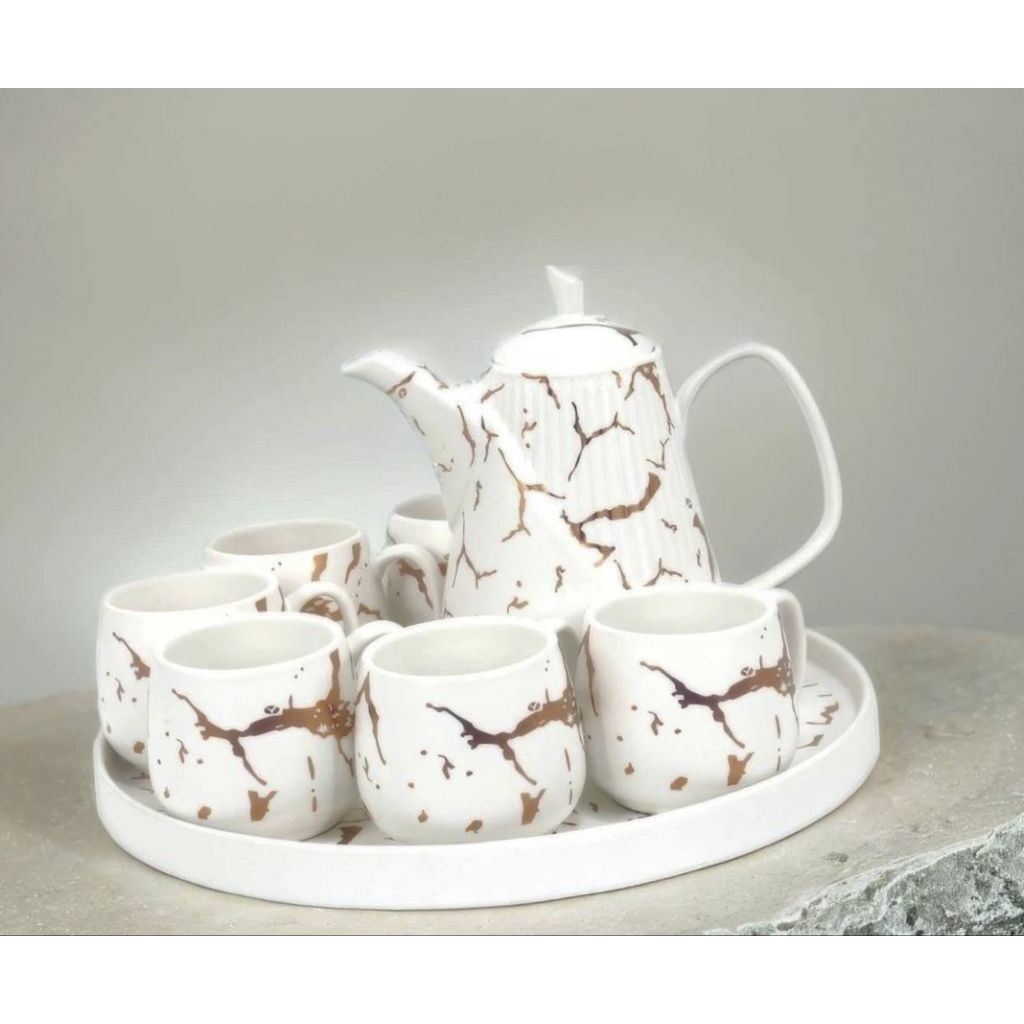 Set Teko dan Cangkir TM89 Livia Putih Marmer, perlengkapan minum teh VICENZA, dilengkapi teko dengan