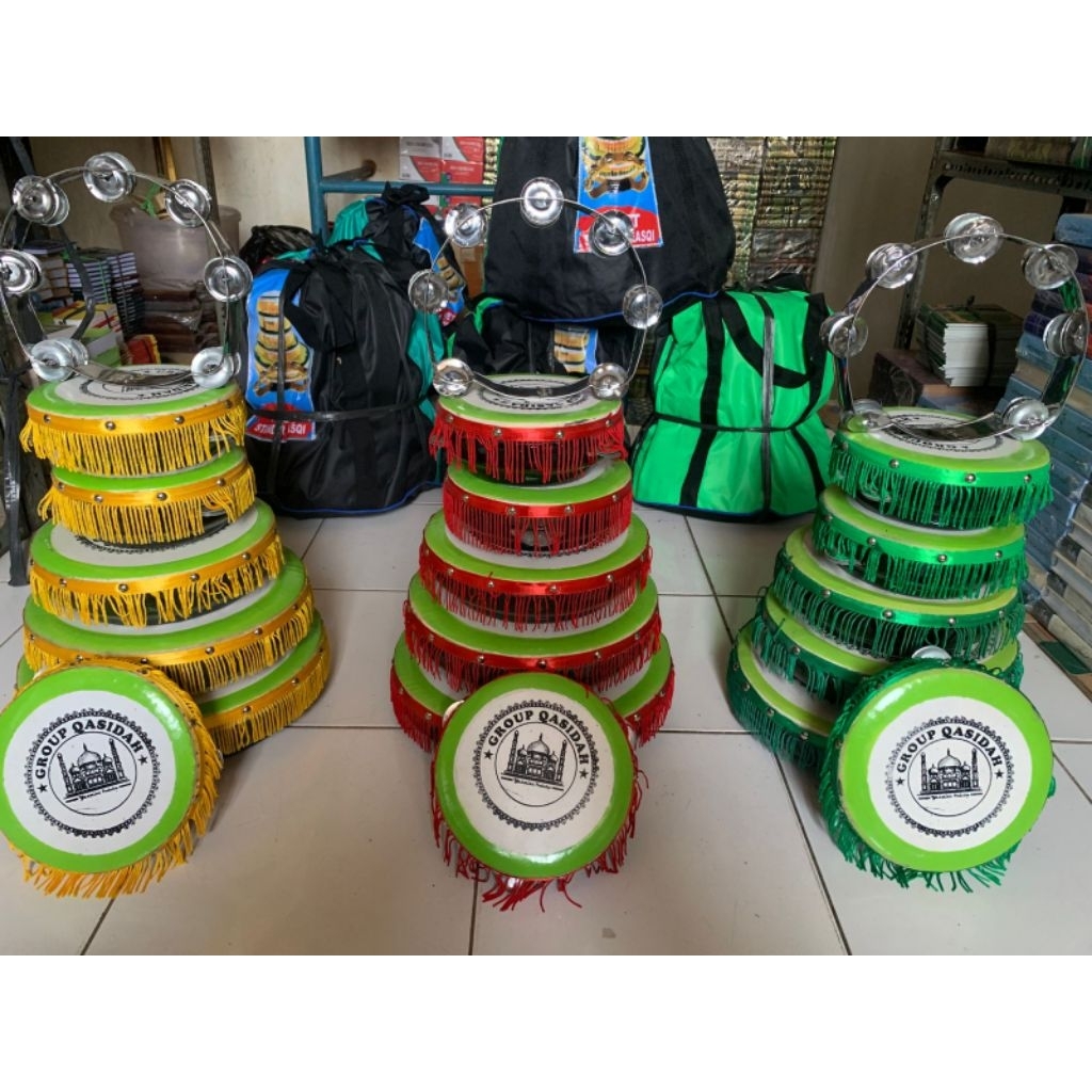 Rebana qasidah Lasqi Rumbey isi 6 susun plus kecrek markis 1 full set lengkap