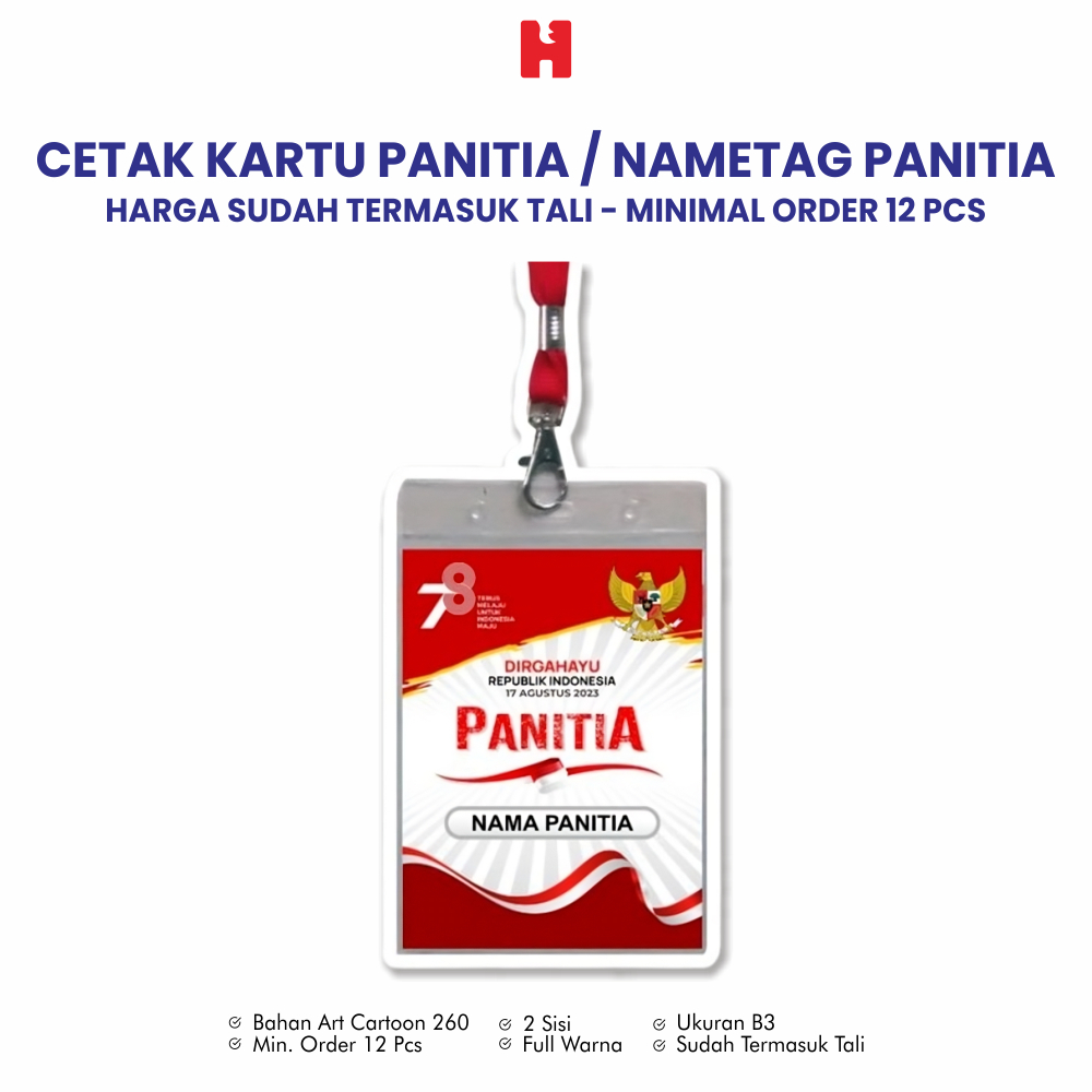 

Cetak Kartu Panitia/Nametag Panitia Custom - Sudah Termasuk Tali *Minimal Order 12 Pcs
