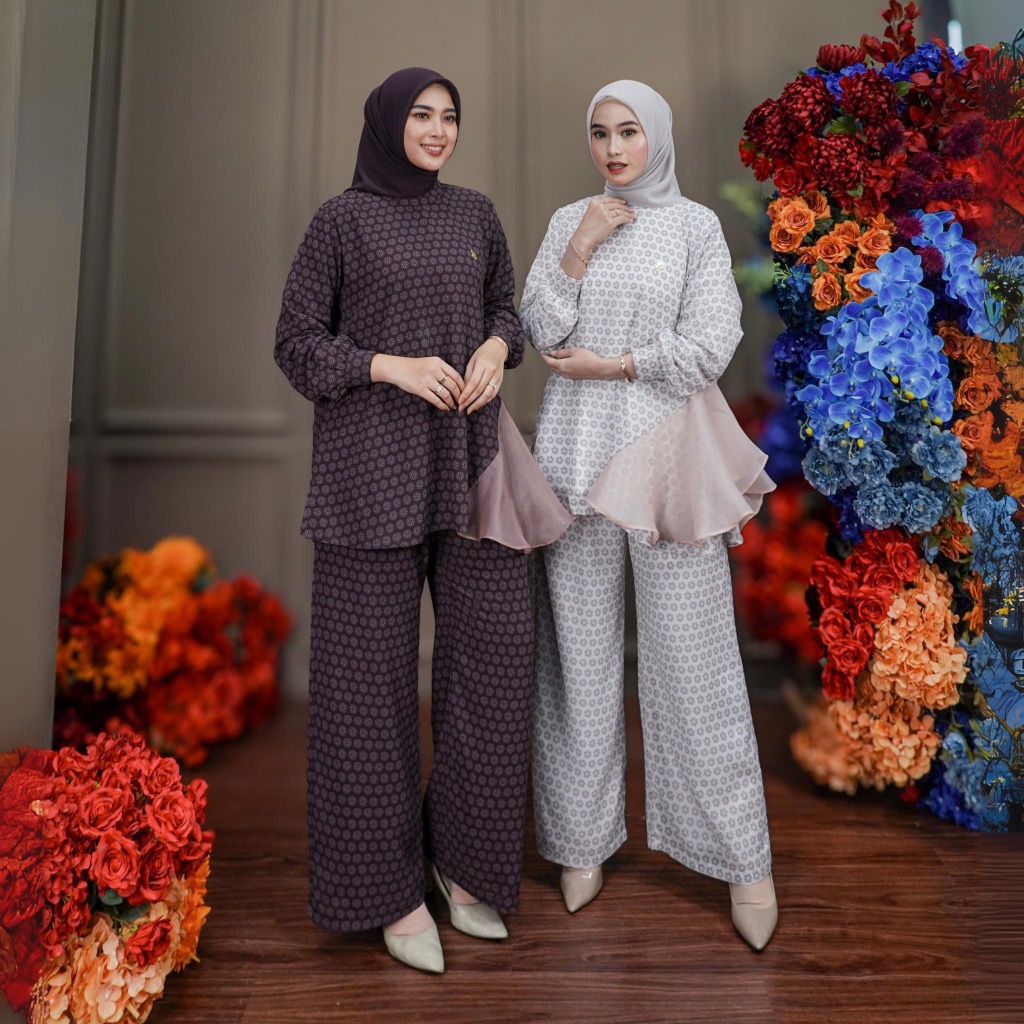 Dumma.id - One Set Pakaian Wanita Kevia 2 Set Celana Ceruty Printing Mix Organza Silk SetCel