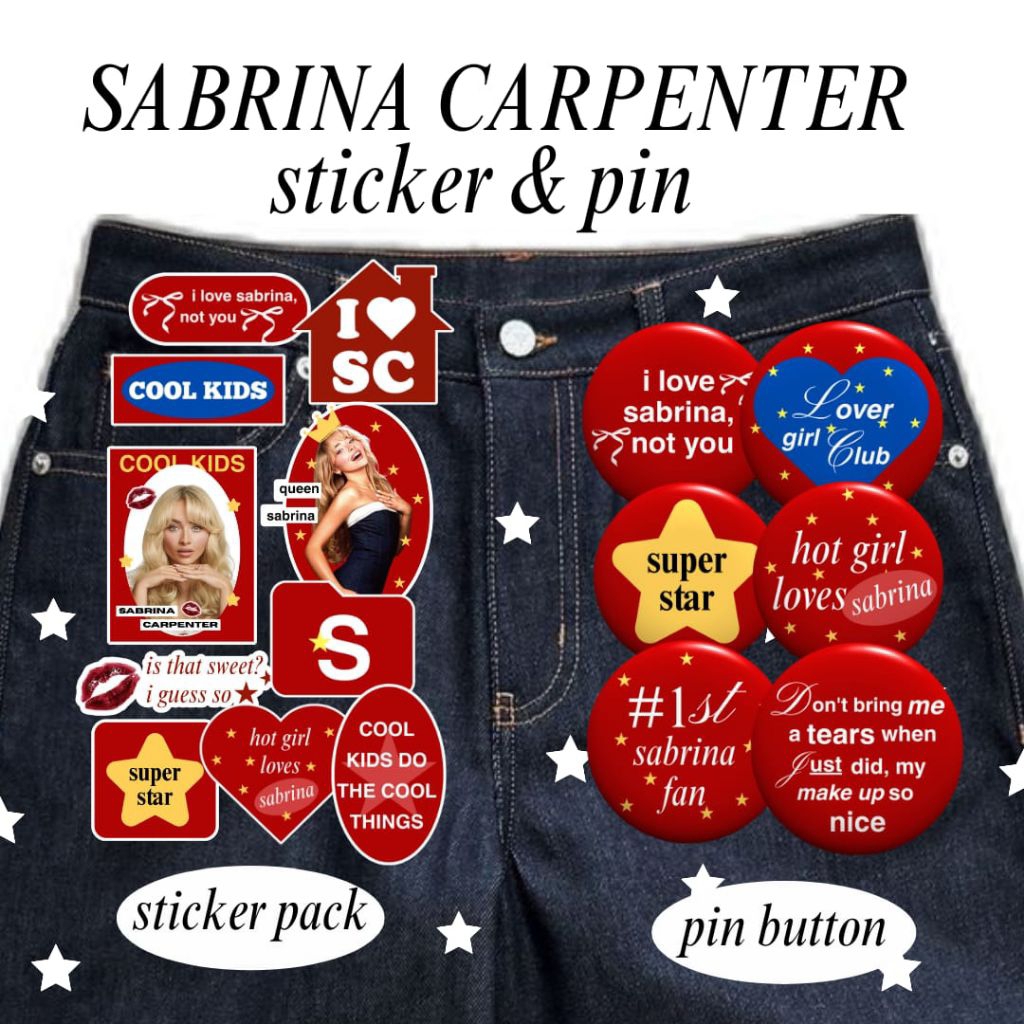 

[READY STOCK] SABRINA CARPENTER PIN BADGE & STICKER PACK MANCHILD LOOKING AT ME FEATHER PLEASE PLEASE PLEASE ESPRESSO BECAUSE I LIKE A BOY BED CHEM AESTHETIC CUTE WESTERN SONG WRITER SINGER