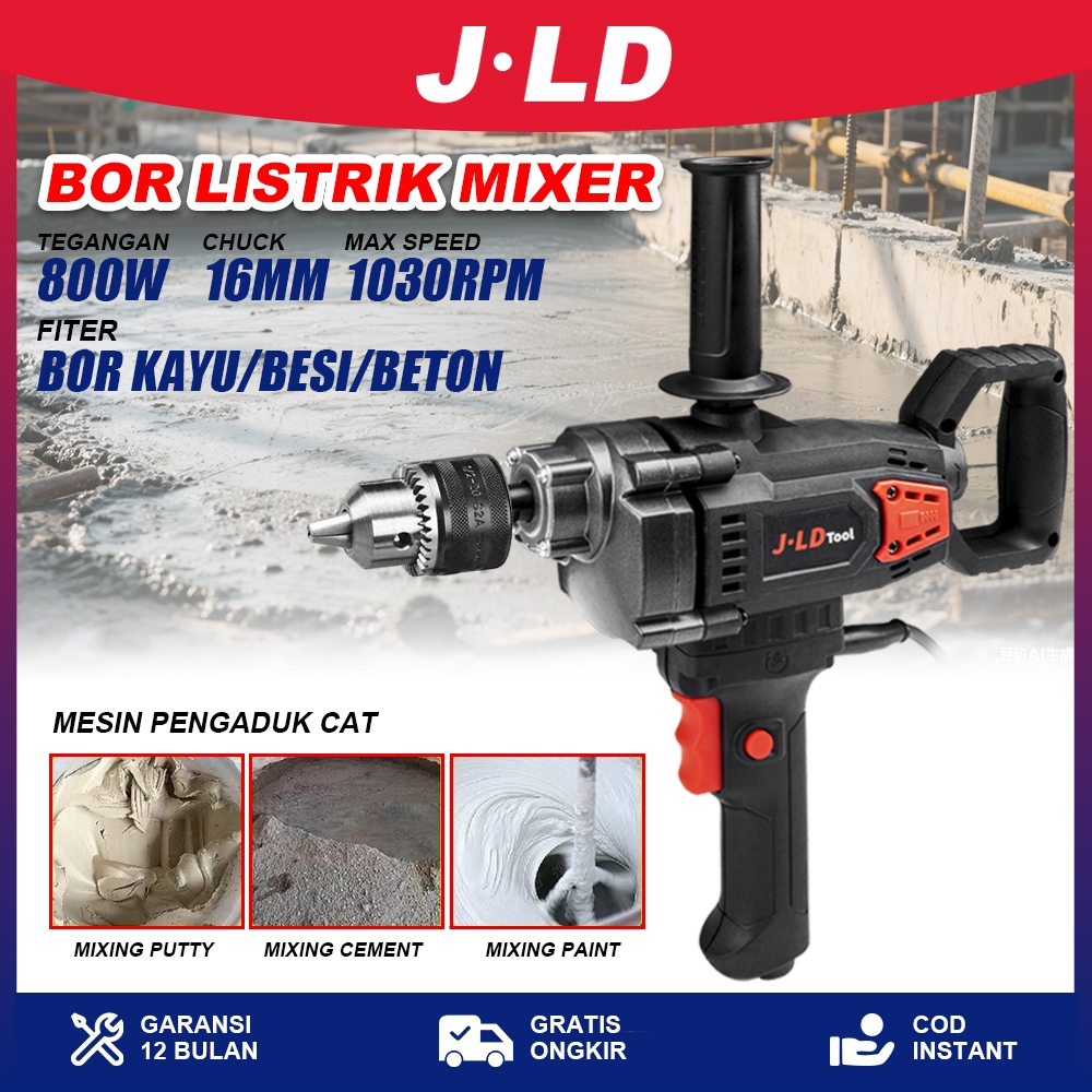 JLD Mesin Bor Pengaduk Cat Mesin bor mixer pengaduk 800w 16mm Electric Drill Mixer Multifungsi Dapat