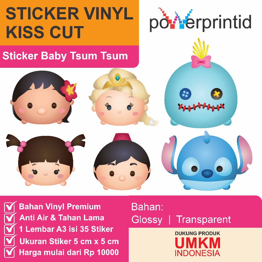 

Sticker kartun Baby Tsum Tsum – Vinyl Kiss Cut | Waterproof & Tahan Lama | 35 Desain Unik A3