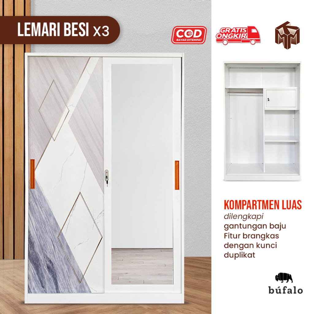 KMM FURNITURE Lemari Pakaian Besi / Lemari Besi Sliding / Lemari Baju Besi Bufalo 2 Pintu 120cm