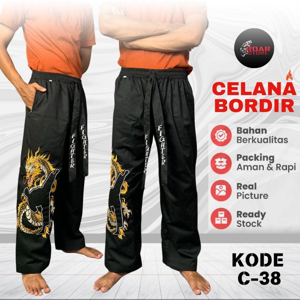 Celana Pakaian Silat Bordir Komprang Panjang Hitam Pangsi Kombor Motif Gambar Naga Harimau Macan