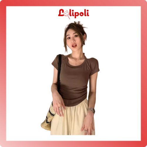 Lolipoli Baju Atasan Kaos Spandek Korean Wanita Sexy Lengan Pendek Leher Tali Leher Fashion BJ1413