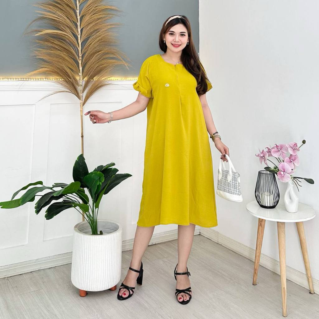 DASTER PIN DADA BUSUI SHENA LENGAN PENDEK RUFFLE CRINKLE MURAH DRESS CEWEK PANJANG WANITA JUMBO HITA