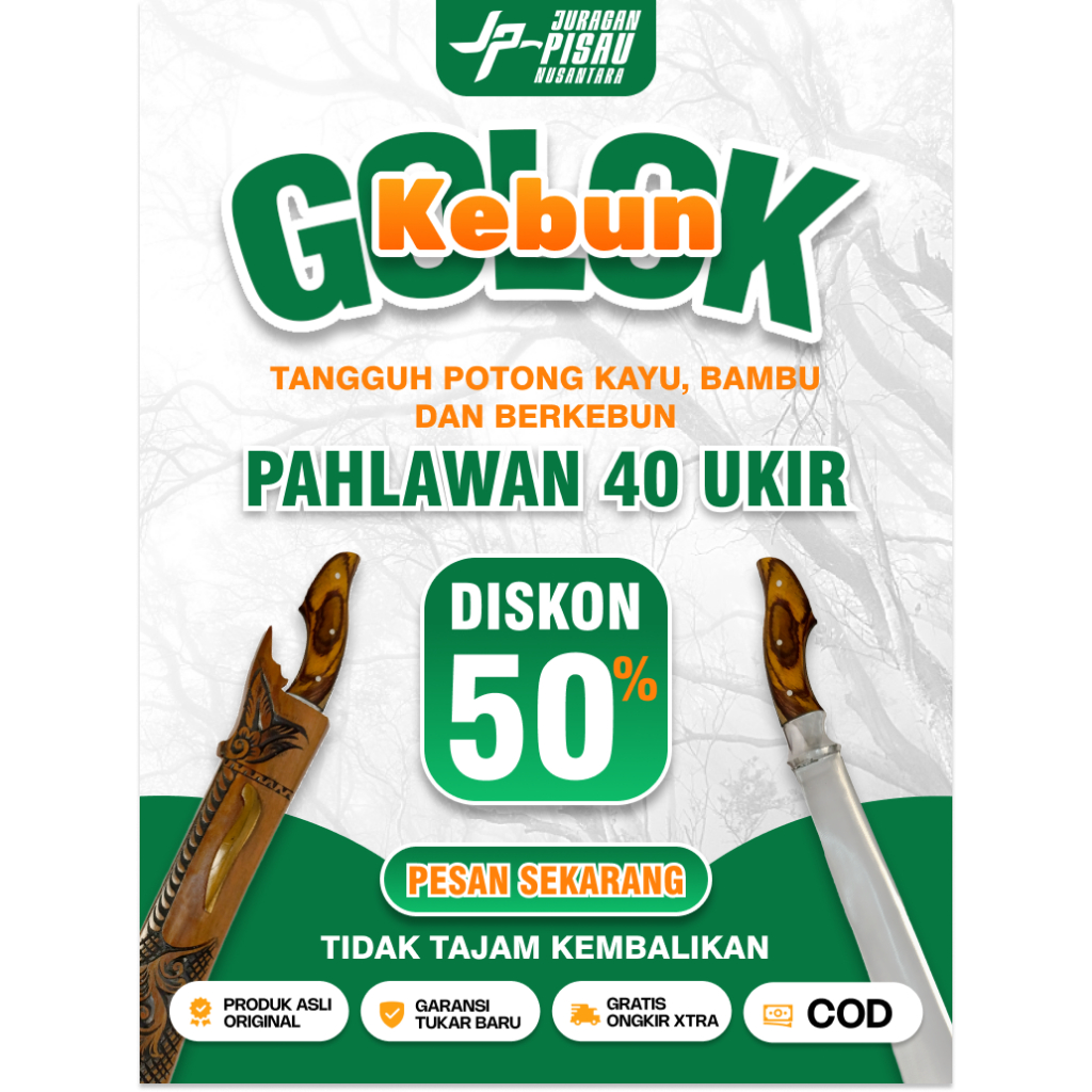Golok Pahlawan Ukir Panjang 40 cm | Golok Kebun Berkebun Sembelih Baja Sup9 | Juragan Pisau Nusantar