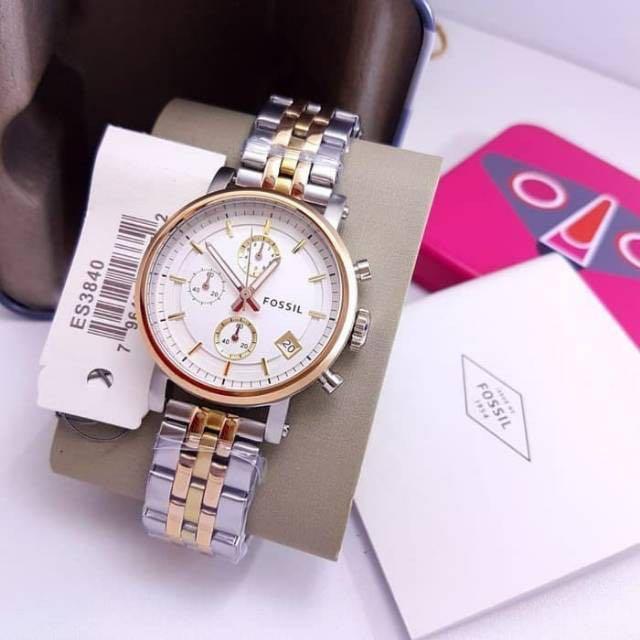 Jam Tangan Wanita ES3840 Chronograph Silver Gold Stainless Steel Strap