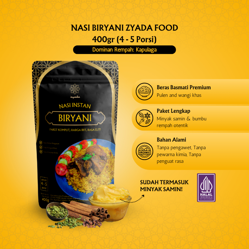 

ZYADA Nasi Biryani Instan Beras Bumbu Minyak Samin 400gr (4-5 Porsi)