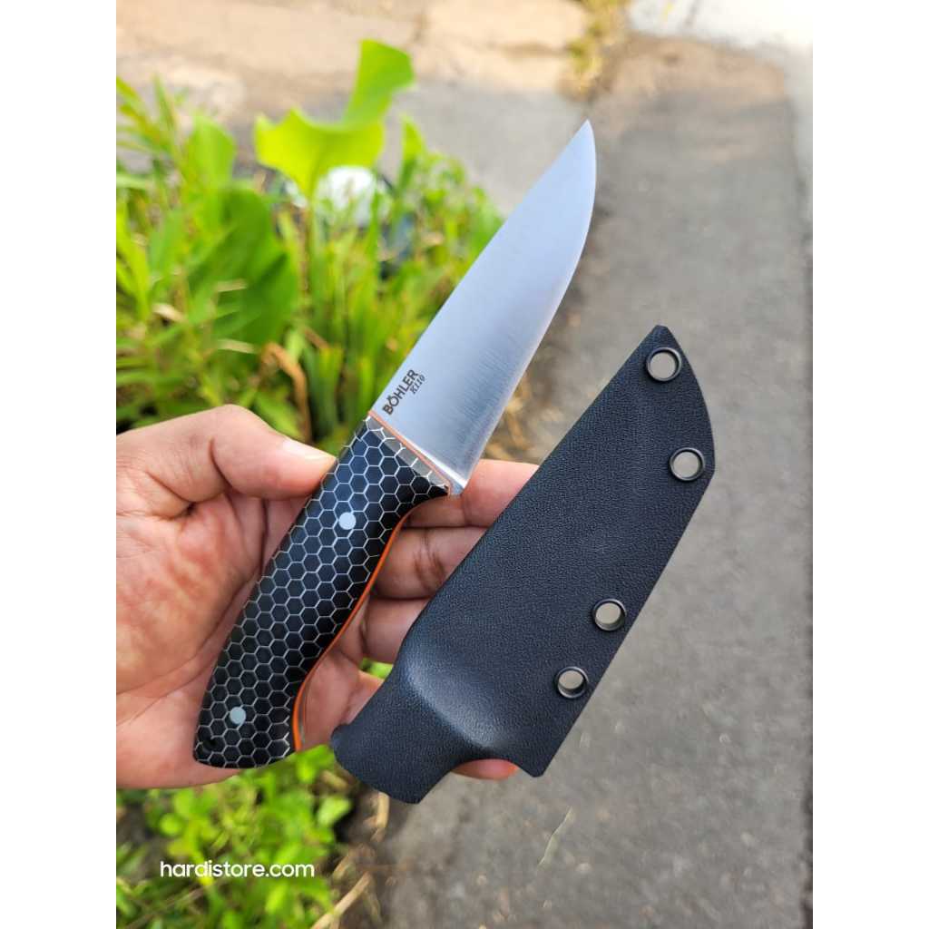 Pisau Bushcraft Survival 9 Cm Material K110 Handle Honeycomb Sarung Kydex Hitam