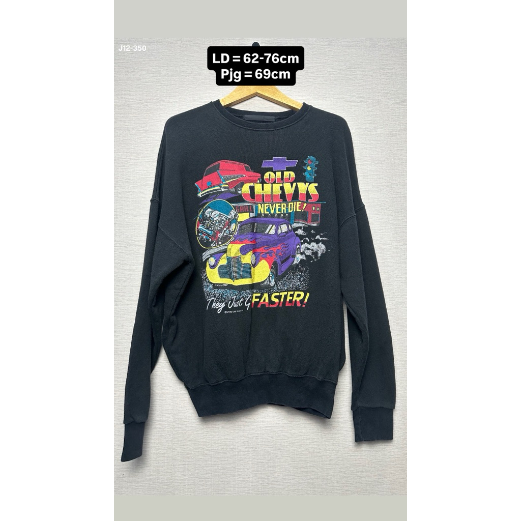 Crewneck Preloved Pria Wanita - Katun Fleece Oversize Hitam Gambar Chevy Vintage Big Size [J12-350]