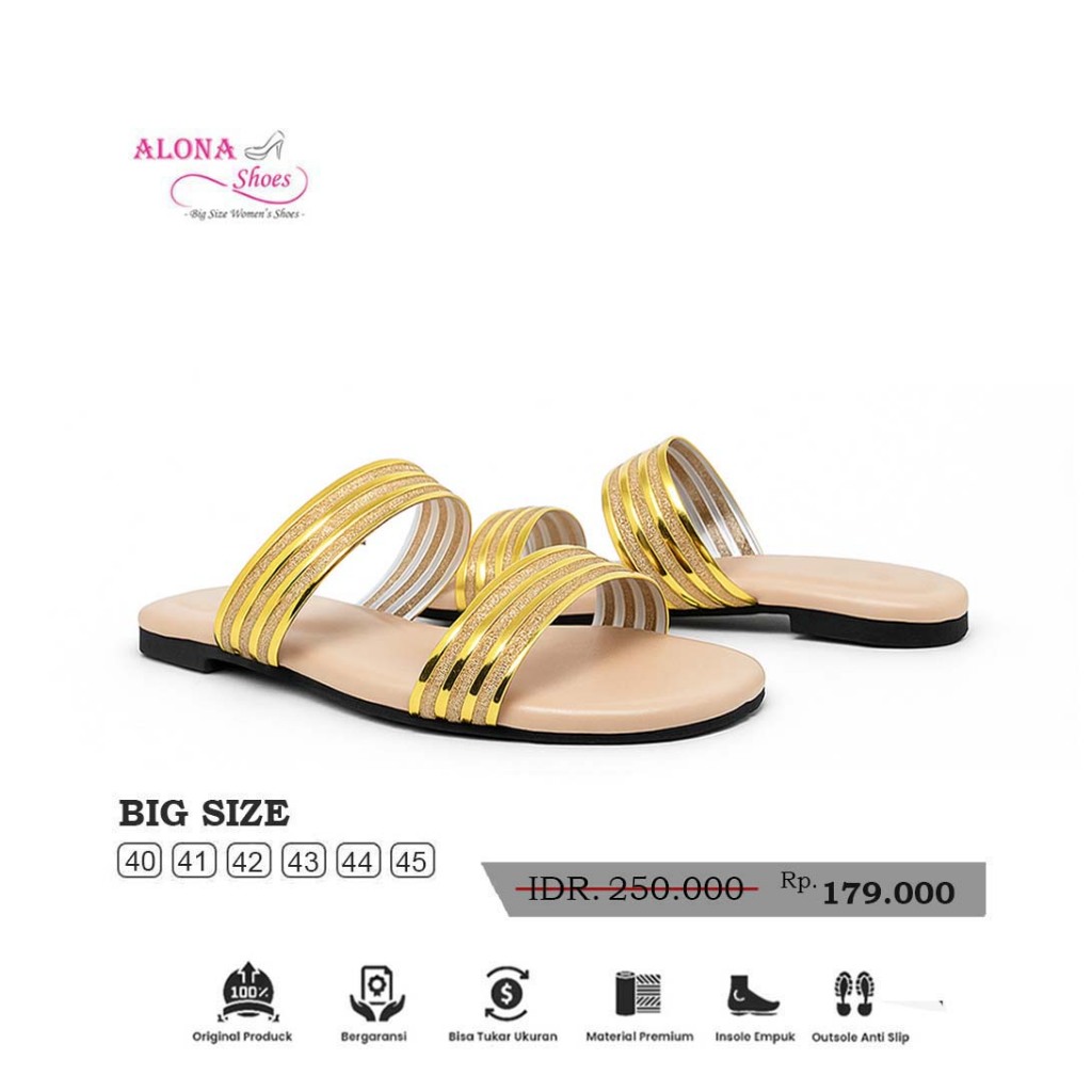 Alona Shoes - Loria Gold | Sandal Flat Wanita Ukuran Jumbo Big Size 41 42 43 44 45