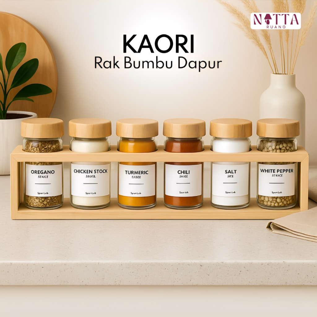 Rak Bumbu Dapur Estetik 6 Botol Kaca Spice Jar Rak Bumbu Kayu Storage Tempat Bumbu Dapur