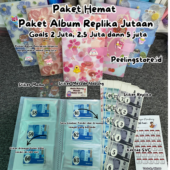 

PAKET HEMAT / PAKET ALBUM REPLIKA JUTAAN / PAKET ALBUM MENABUNG REPLIKA JUTAAN menabung dengan nomer urut 1-120, target 2jt, 2,5jt dan 5jt