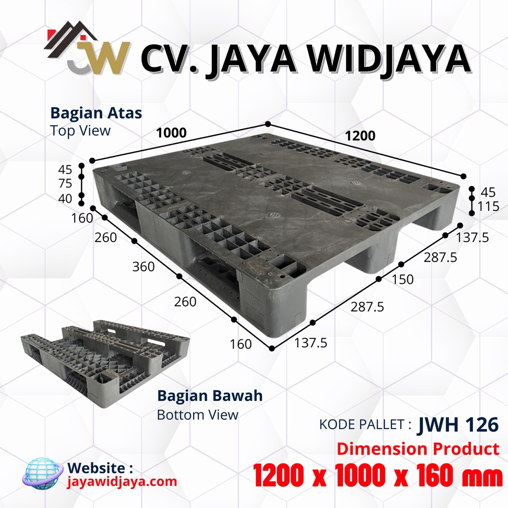 PALLET PLASTIK JWPLAST | PALLET PLASTIK JWH 126 HITAM | UKURAN 1200x 1000 x 160 | THREE LEG (kaki ti