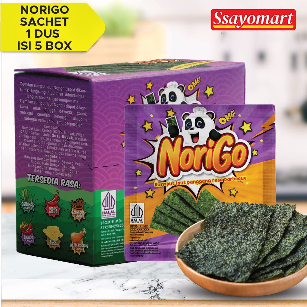

Norigo BBQ (1 DUS ISI 5 PACK) FREE 10 PCS / Nori Sachet Seaweed Snack 3g Rumput Laut Halal Rasa BBQ