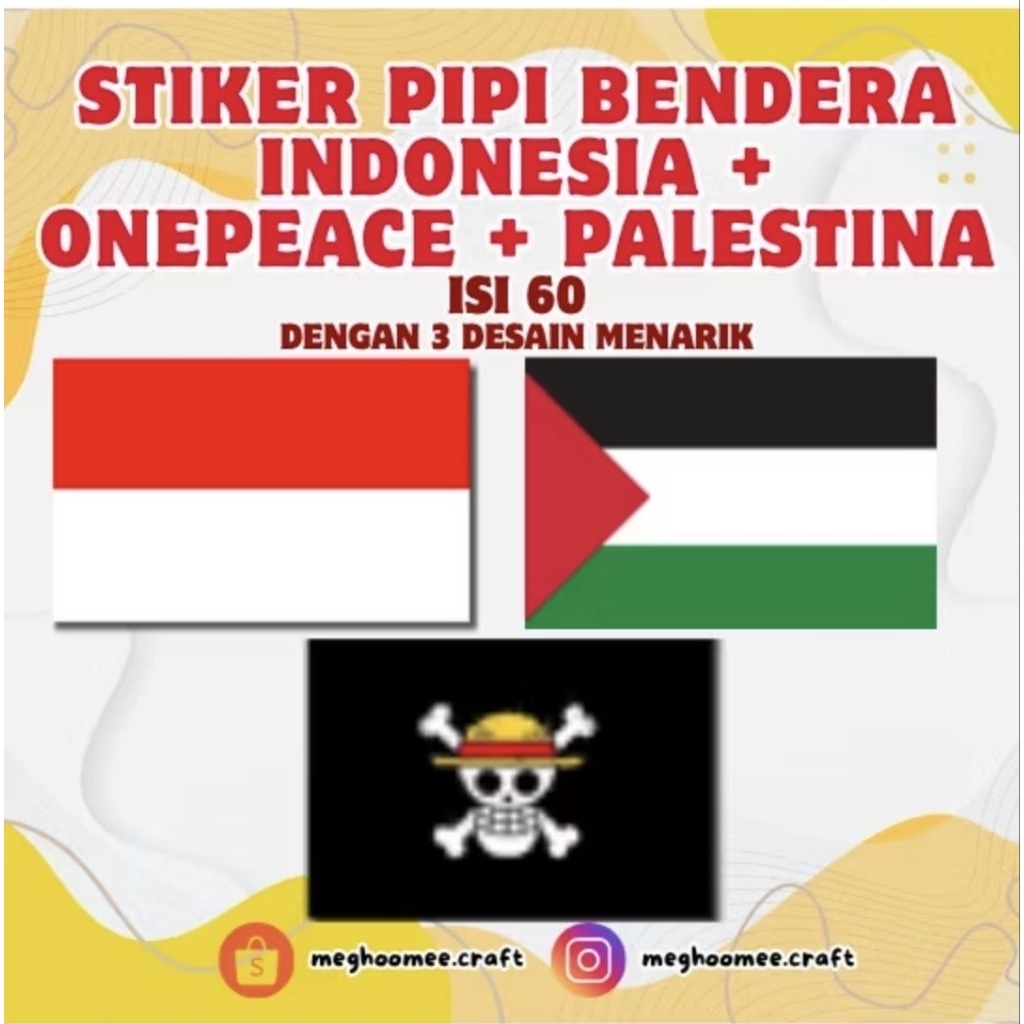 

STIKER BENDERA PIPI MERAH PUTIH INDONESIA PALESTINA ONE PIECE 60PCS DAN 120PCS STICKER