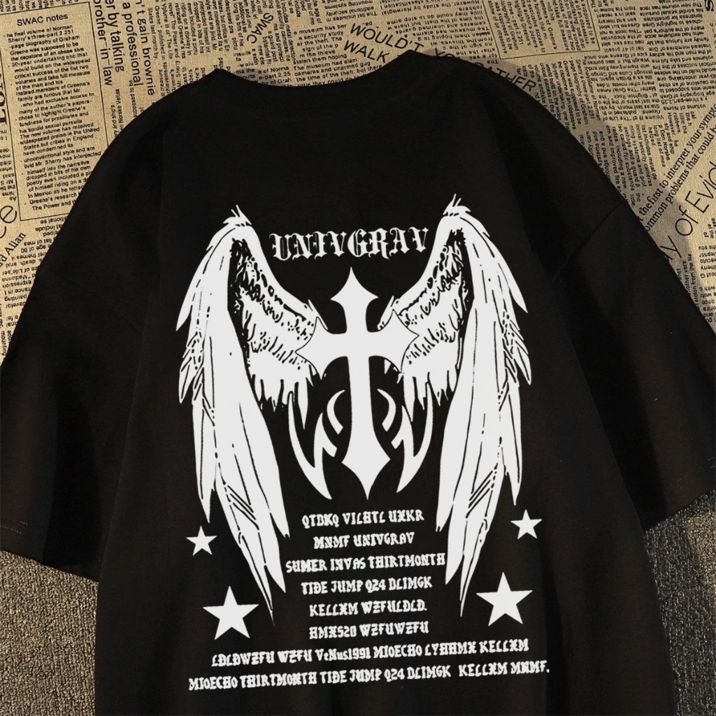 TINY Tshirt Oversize Baju Kaos Pria Distro Original 100% Tebal menyeberang sayap pencetakan Gaya Ame