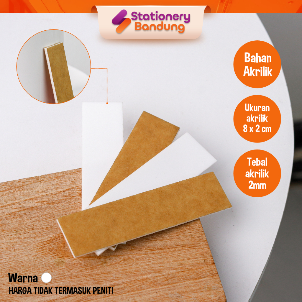 

Bahan papan nama name tag dada akrilik acrylic putih solid 8x2cm tebal 2mm