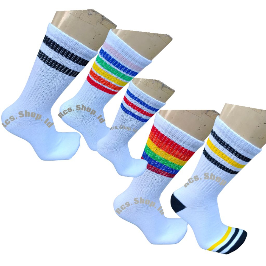 3 pasang kaus kaki oldshcool putih panjang sebetis pria dan wanita remaja sampai dewasa, katun spand